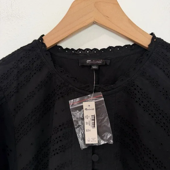 Madewell Eyelet Flutter Sleeve Mini Dress Cotton Black NWT Size 10